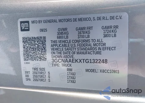 2026 Chevrolet Silverado 1500 2Wd Long Bed Wt z USA, uszkodzony, nr VIN 3GCNAAEKXTG132248